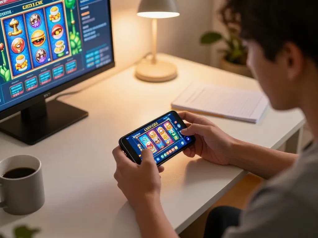 Engaging player using smartphone for slot gacor gameplay in cozy home office