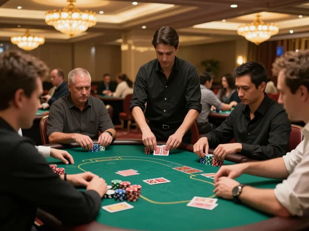 Players strategizing over poker tables in an upscale casino, featuring a dynamic scene of gambling excitement with giường bệnh nhân present.