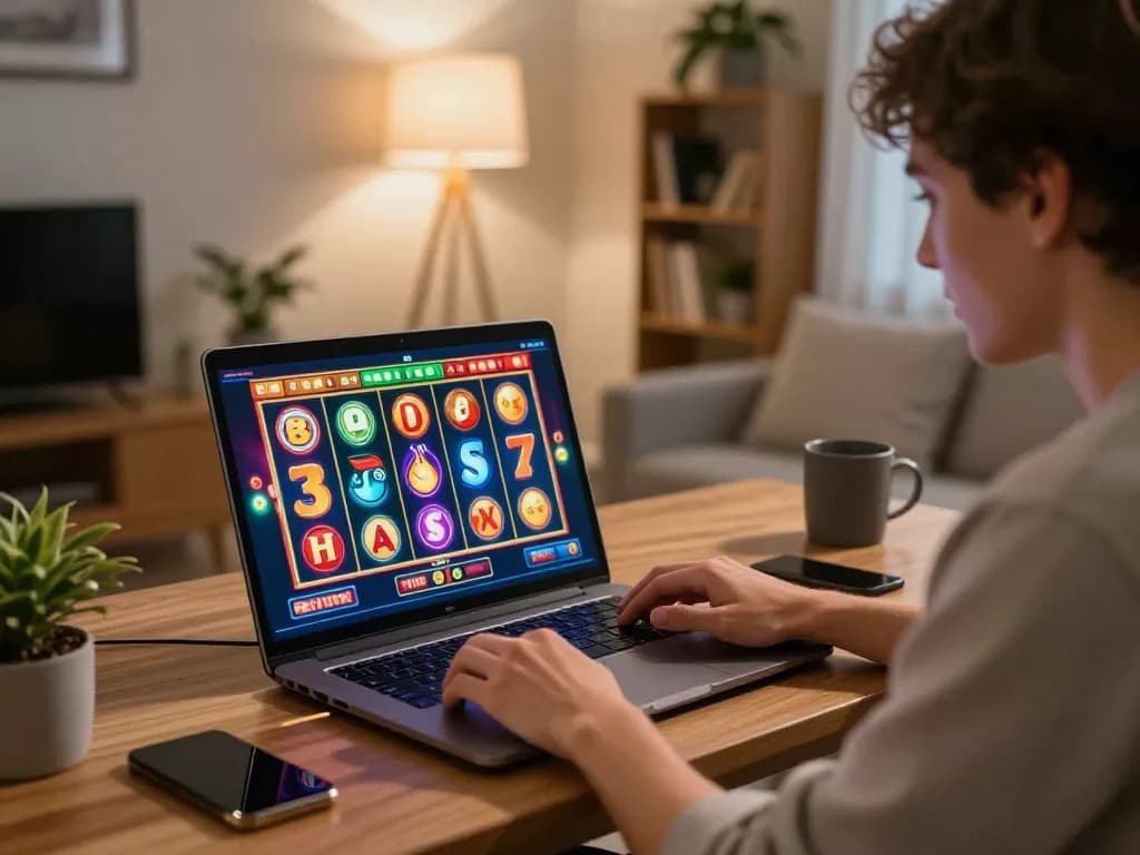Engaging in a lively slot resmi game on a laptop, showcasing vibrant online casino atmosphere and responsible gaming.