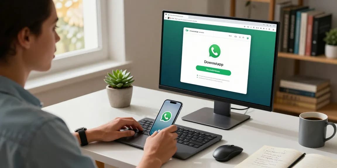 WhatsApp下載 on a laptop in a cozy home office, showcasing a user-friendly interface and modern workspace elements.