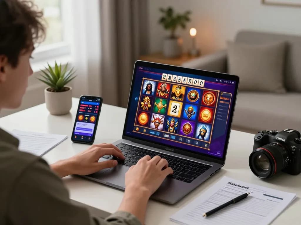 Engaging with a demo slot game interface on a laptop, showcasing popular themes and strategies.