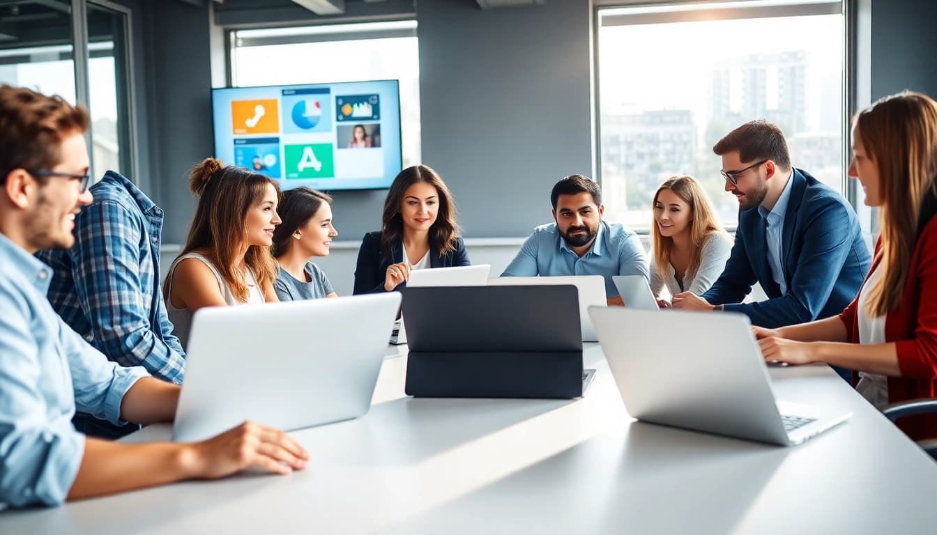 Creative team of a web design company brainstorming innovative ideas in a modern office.
