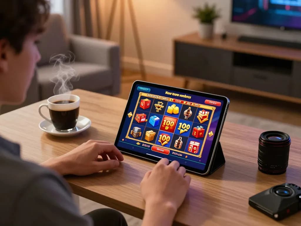 Engaging online gaming scene depicting slot bonus new member 100 on tablet with colorful graphics, cozy home atmosphere
