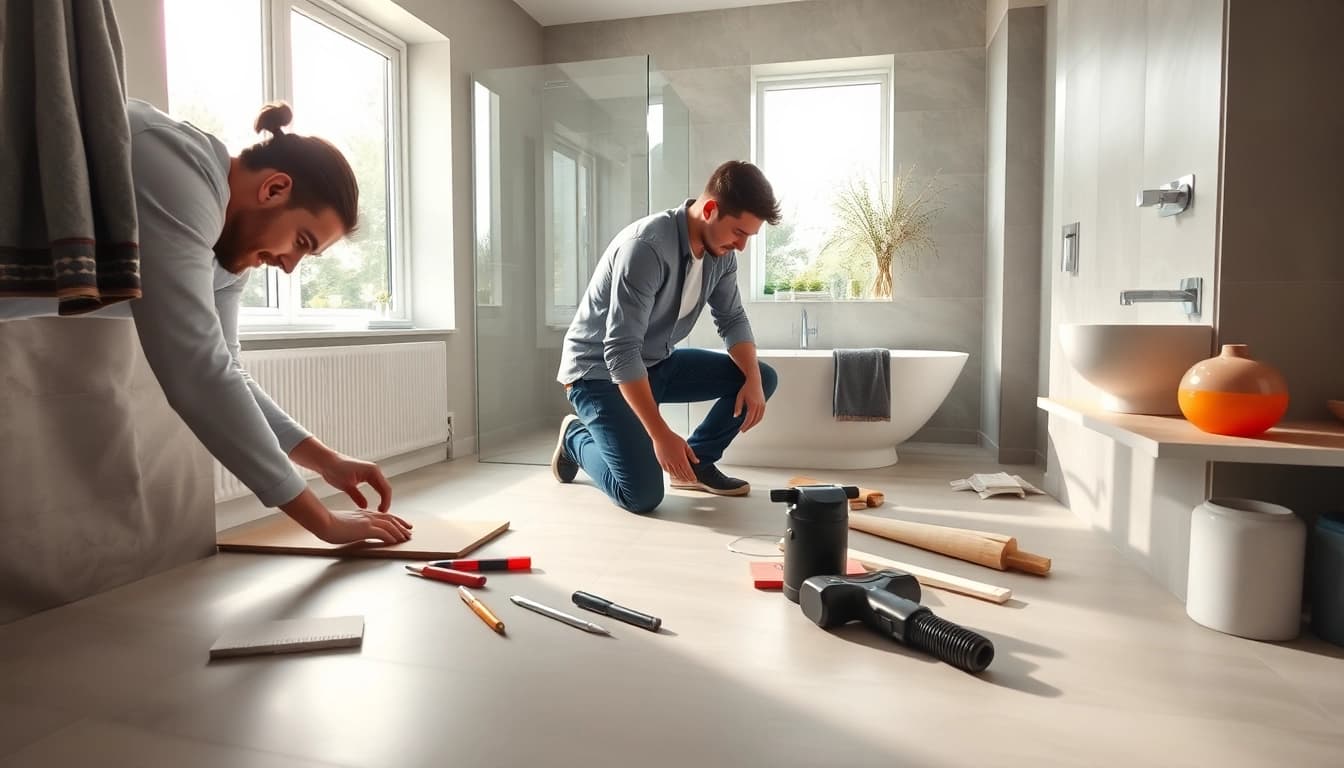 Bathroom fitters Manchester installing modern tiles and fixtures in a stylish renovation.