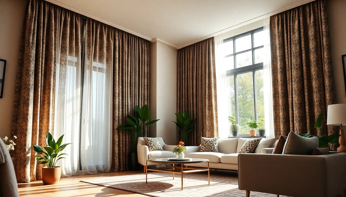 Verduisterende gordijnen in een stijlvolle woonkamer met natuurlijk licht en gezellige inrichting.