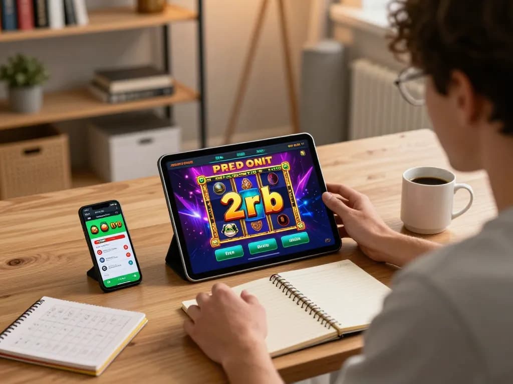 Engaging in slot deposit 2rb online gaming on a tablet at a stylish desk, highlighting strategic play.