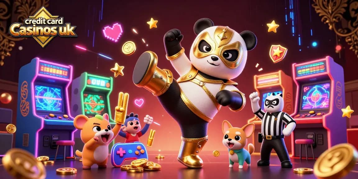 Experience the exciting world of credit card casinos uk with a dynamic 3D illustration featuring engaging casino characters and games.