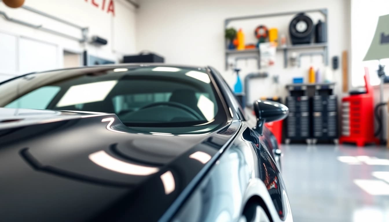 Perform full car detailing service on a gleaming vehicle in a pristine garage environment.