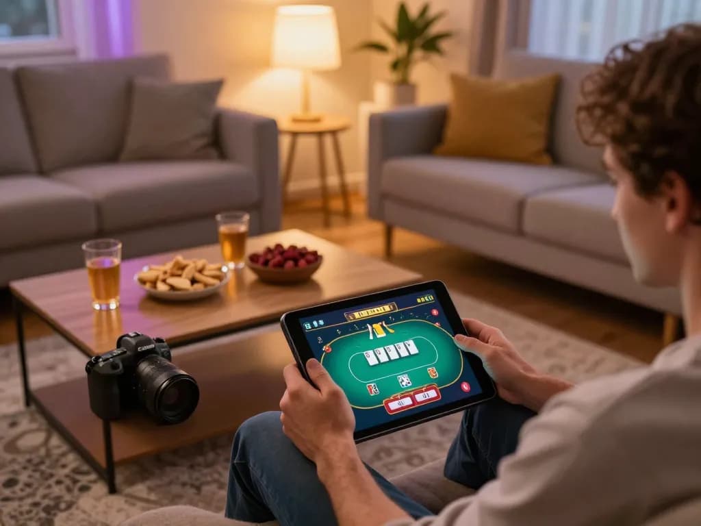 Engaged player using the bk8 casino app on tablet during a cozy home gaming session, enjoying snacks.