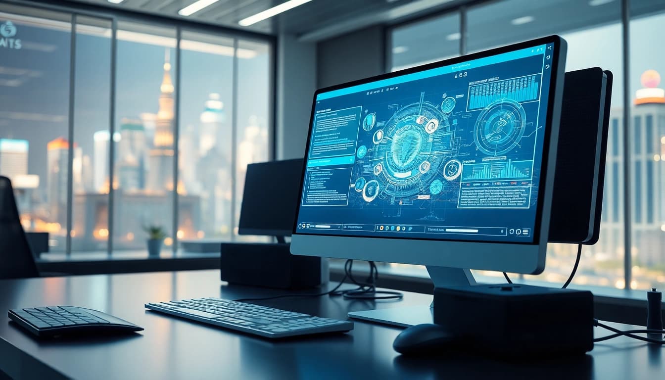 Sztuczna inteligencja w nowoczesnym biurze, przedstawiająca zaawansowane technologie.