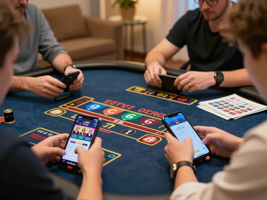 Players using the sc88 app on smartphones at home, showing excitement in a vibrant online casino scene.