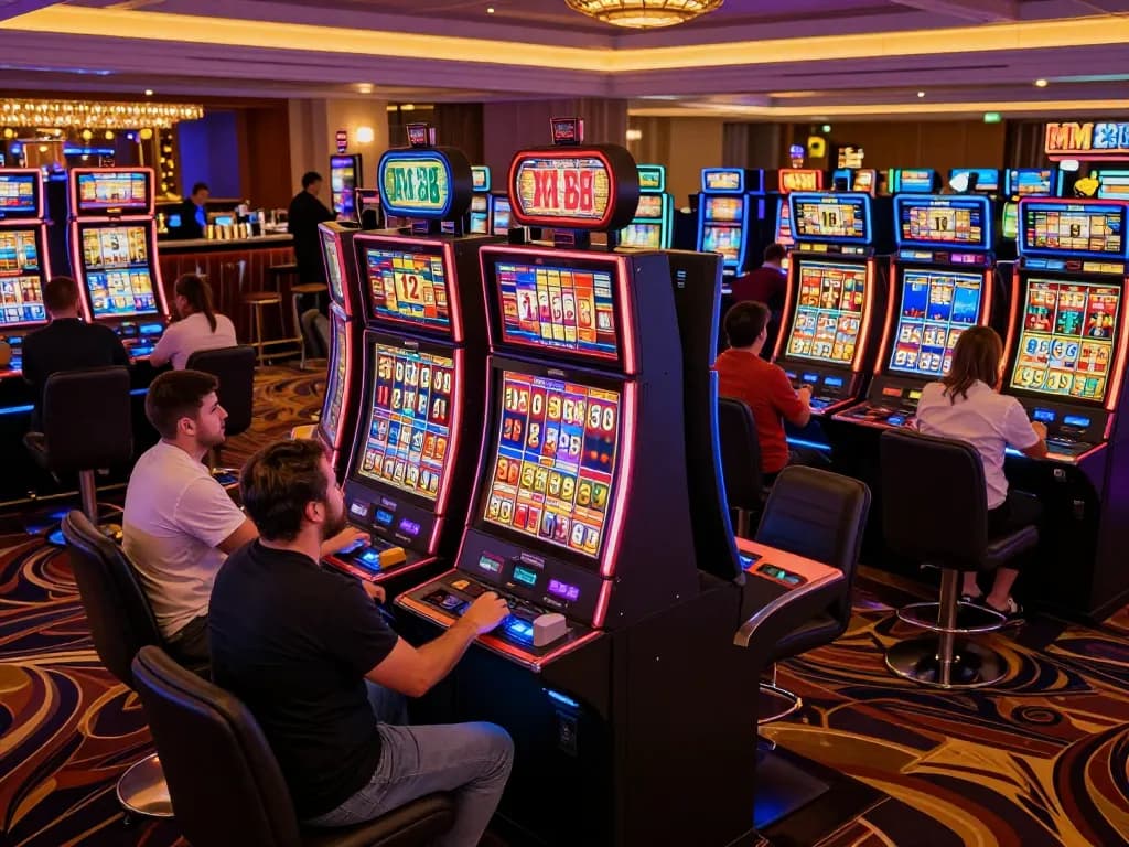 Players enjoying high-stakes gameplay at MM 88, vibrant slot machines lit up with colorful displays