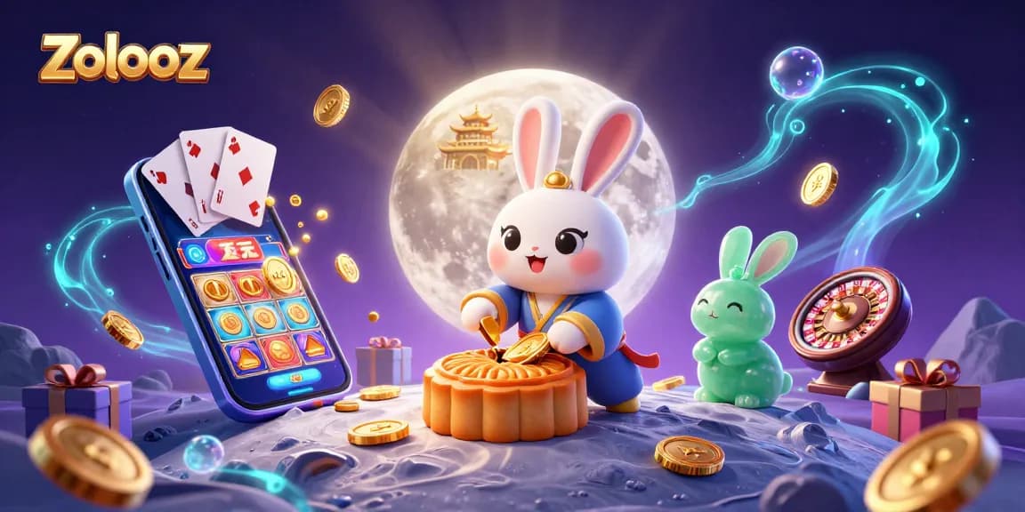 Zolooz enhances the gaming experience with a vibrant 3D illustration of a whimsical moon rabbit and casino elements.