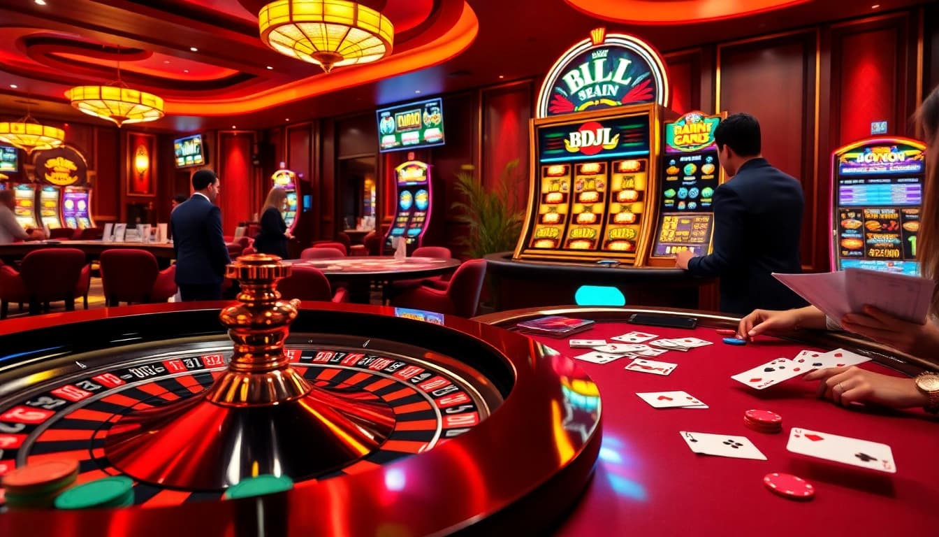 Players enjoying winning hands at poker tables while gambling at BDJL casino.