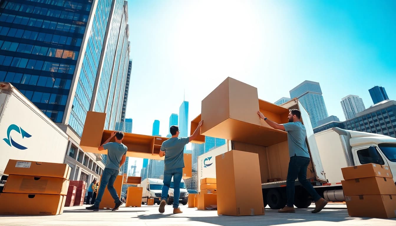 Chicago commercial moving company team relocating office furniture in vibrant cityscape.