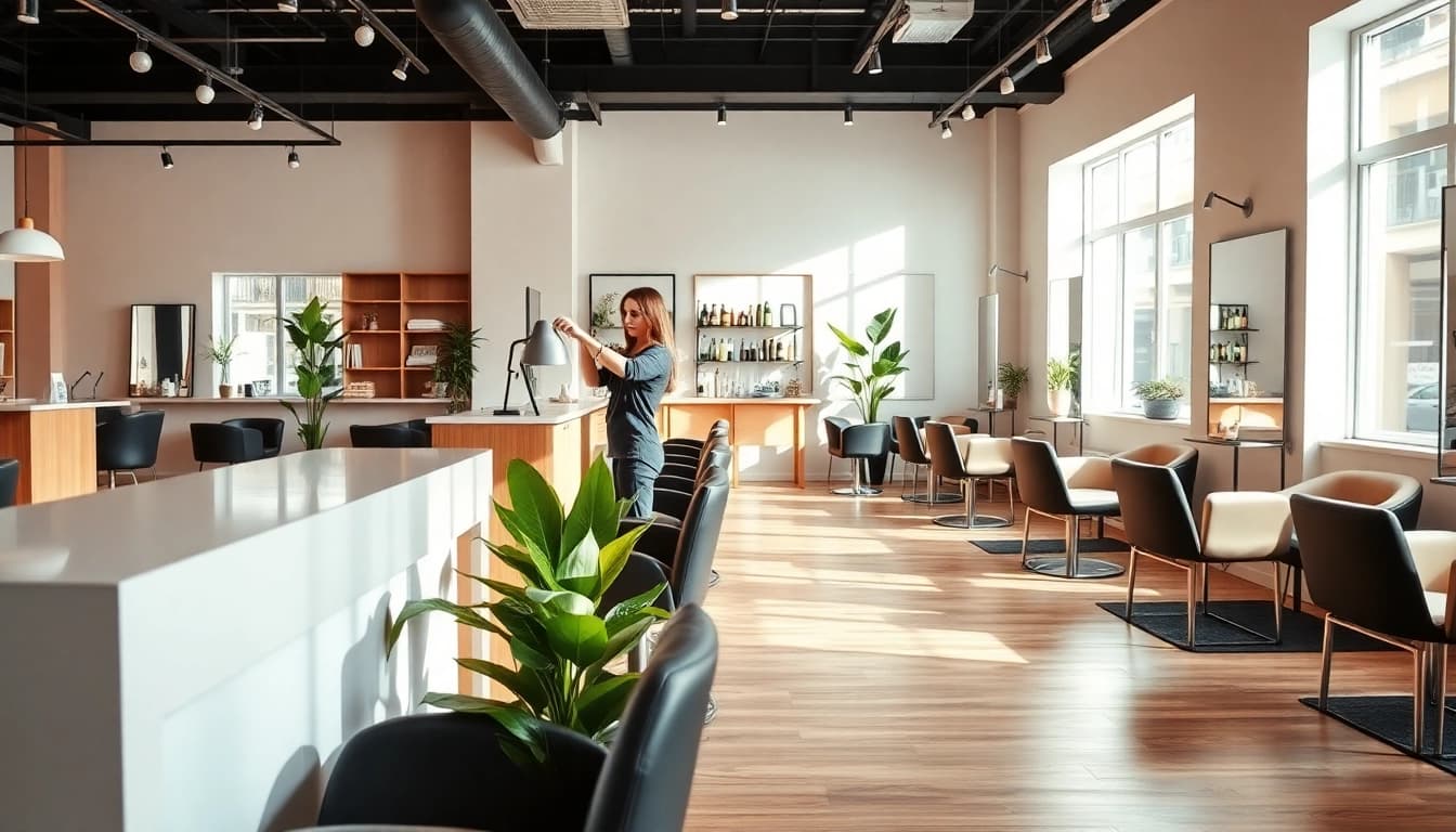 salon craiova - Elegant hair salon with modern decor and professional stylist at work.