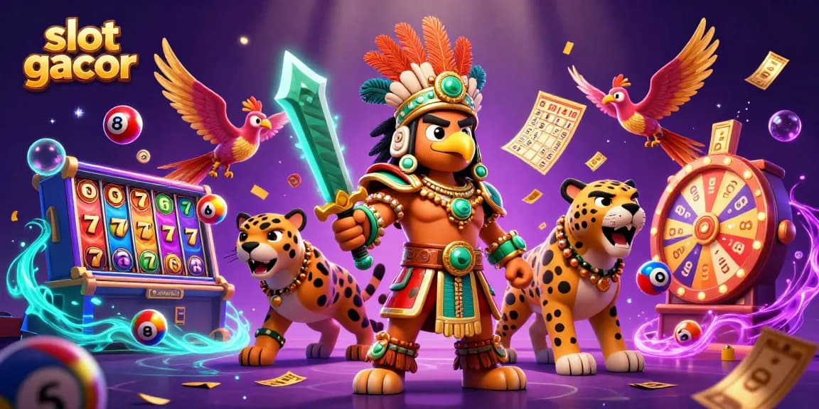 Experience exciting slot gacor action with 3D warriors and colorful casino elements in a vivid scene.