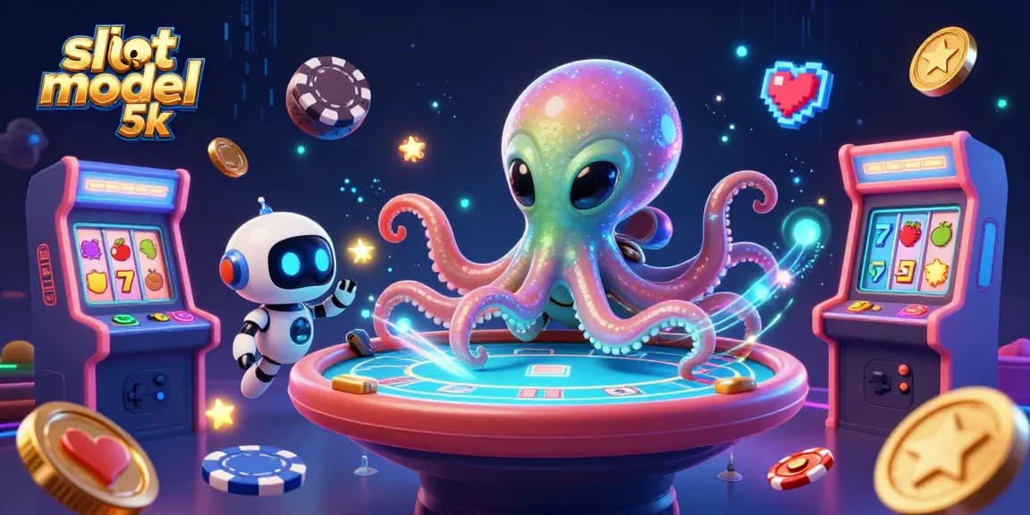 Engage with slot modal 5k in this vibrant scene featuring an alien octopus at a holographic poker table.