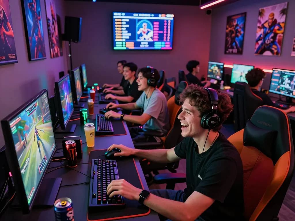 Engaging gamers enjoying online sessions at vegasslot77 gaming lounge with high-tech setups.