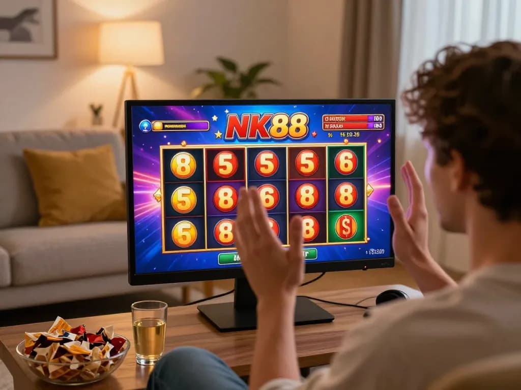 Player celebrating a win on the NK88 app, enjoying a vibrant online gaming experience at home.