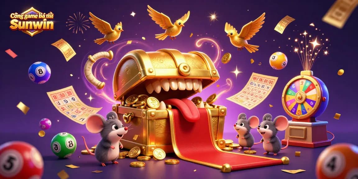 Cổng game bài đổi thưởng Sunwin showcases a vibrant 3D casino scene, inviting players with lottery elements and dynamic celebration effects.