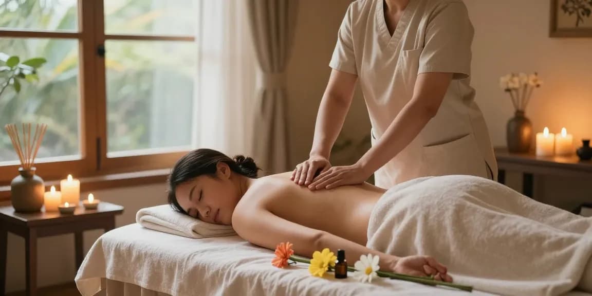 스웨디시 마사지가 진행되는 편안한 마사지룸의 이미지, 아로마오일과 꽃으로 꾸며진 평화로운 분위기