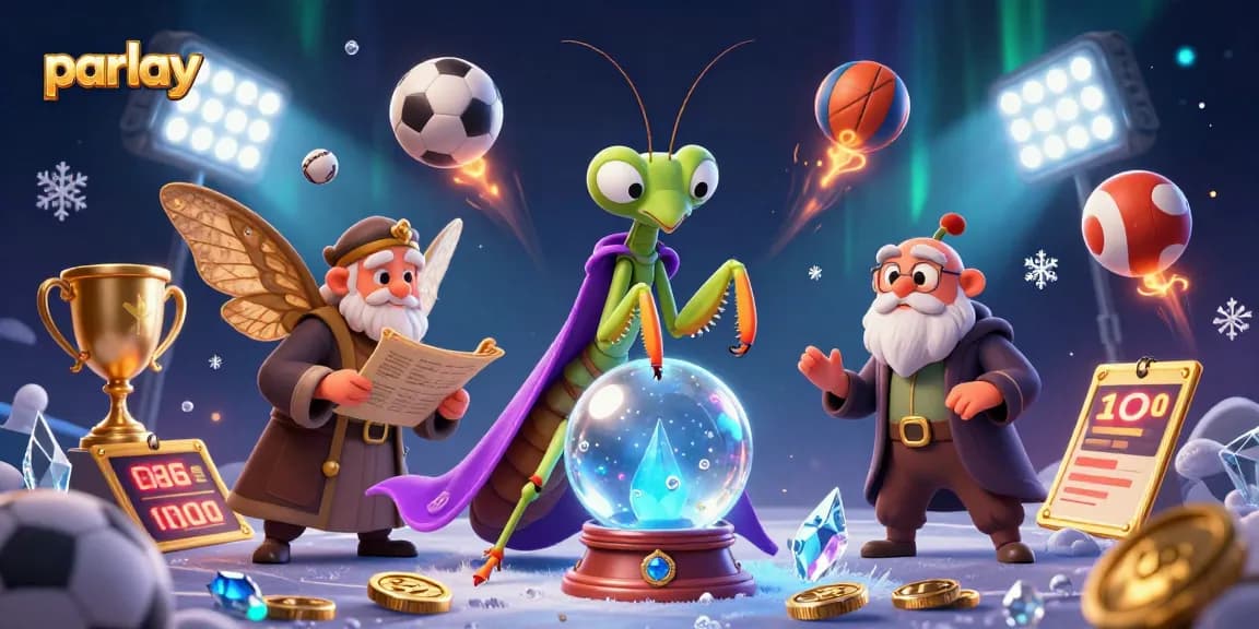 Engage in parlay betting with vibrant sports elements and magical fortune tellers in this 3D illustration.