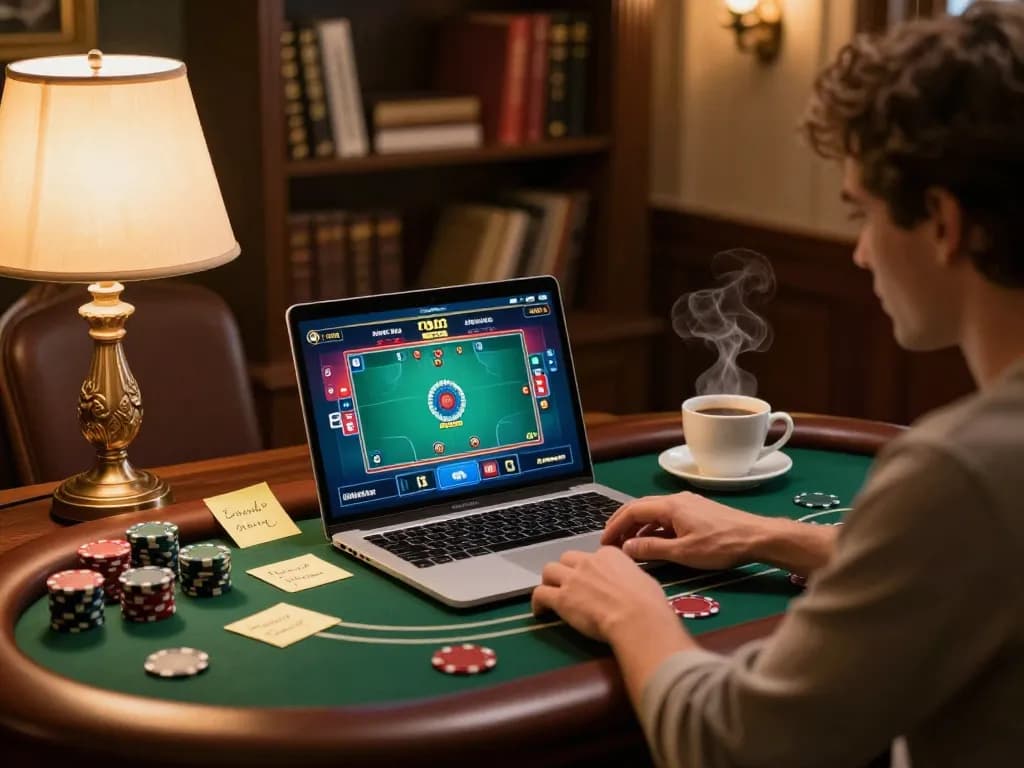 Engaging in online poker gameplay at https://777x.bid/ with strategic notes and warm atmosphere.