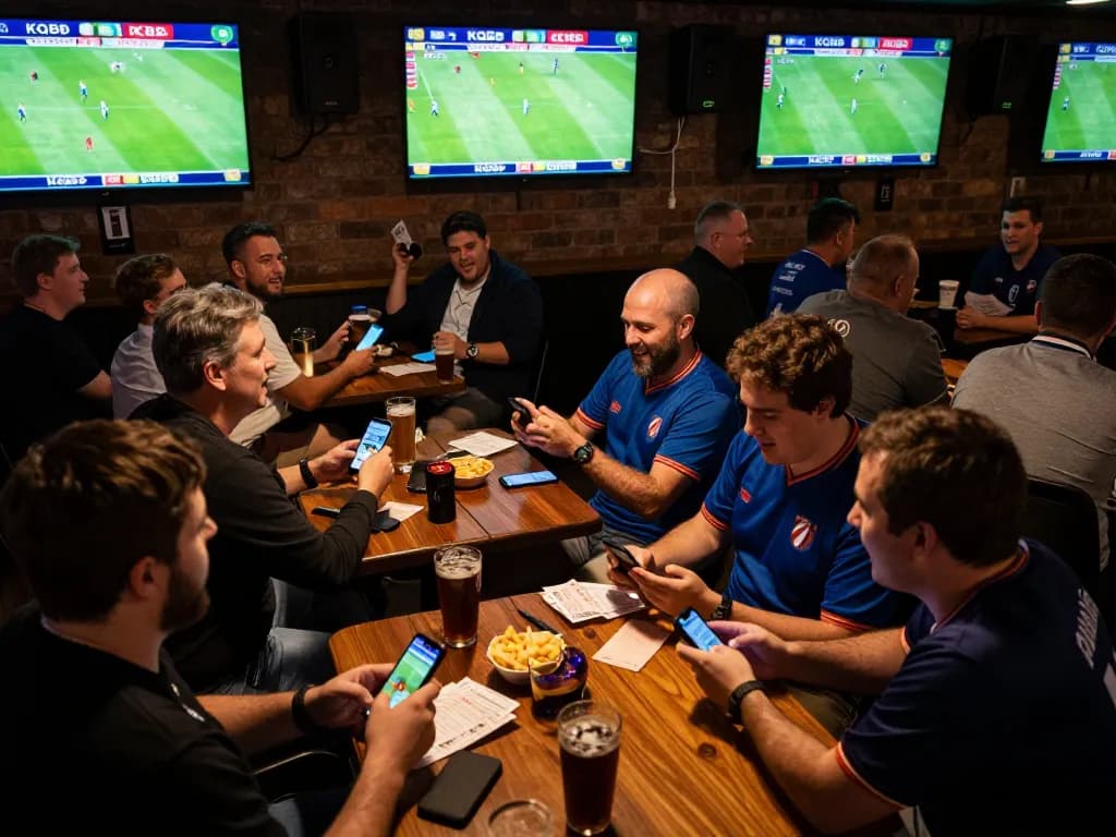 KQBD live sports betting excitement with fans cheering in a sports bar atmosphere