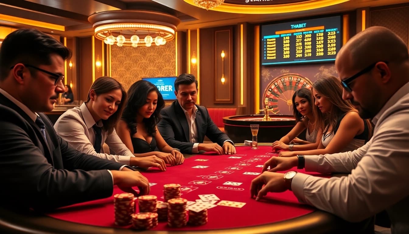 Exciting poker game at thabet casino with focused players and vibrant casino elements.