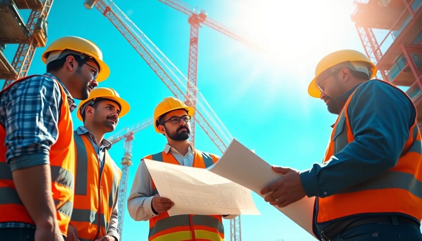 Construction association members collaborating on a bustling building site with cranes and tools.