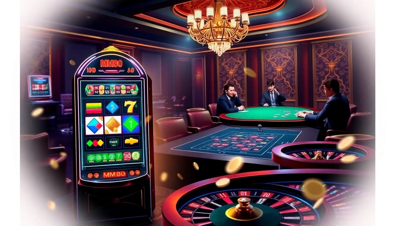 Experience the excitement of MM88 gambling with a vibrant scene showcasing slot machines and poker tables.