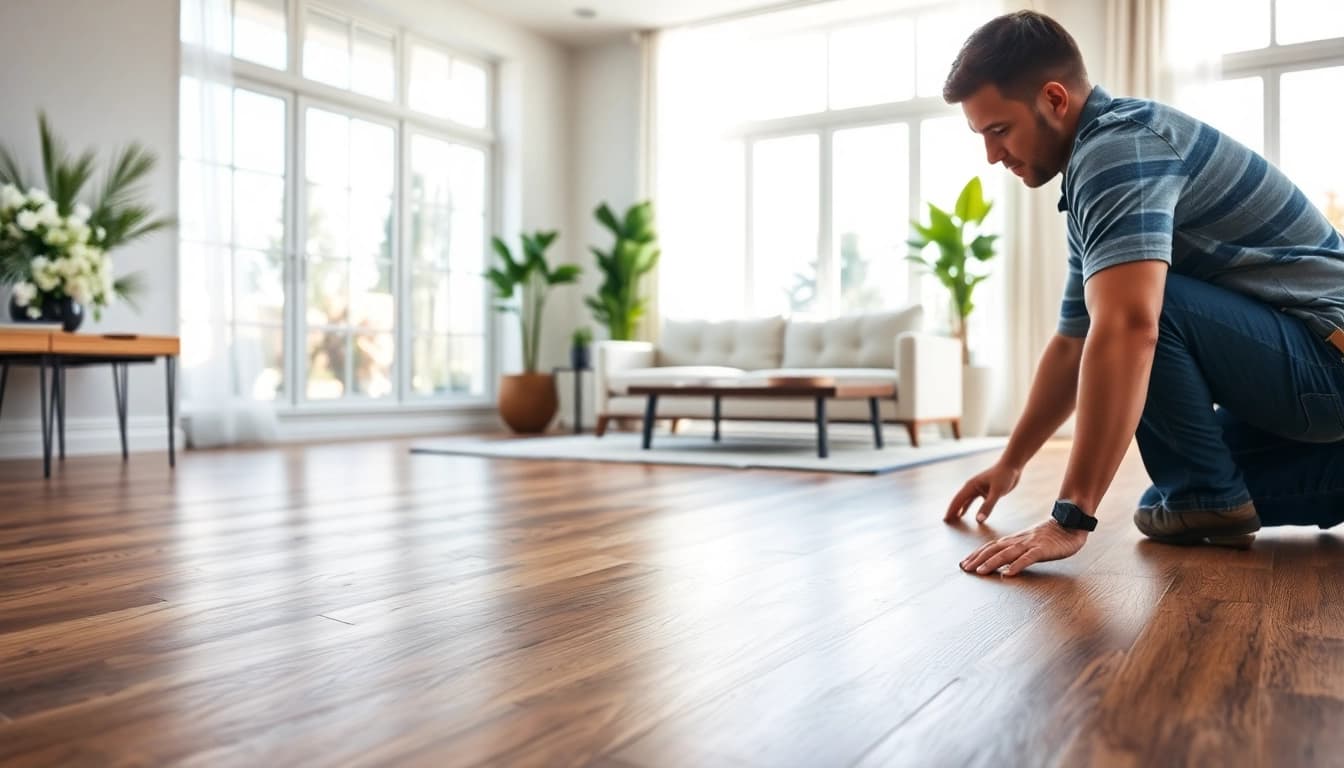 Install vinyl flooring with a modern touch in a bright and inviting living room.