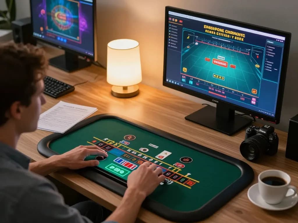 Okwintv player engaging in live dealer blackjack, showcasing a strategic home gaming setup.