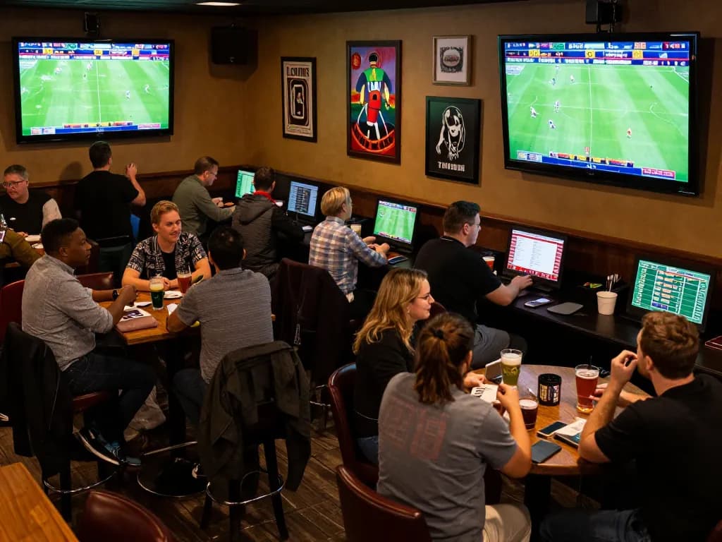 Engaged patrons at a sports bar placing bets on the top 10 trang cá cược bóng đá with screens showing live matches, creating an exciting betting atmosphere.