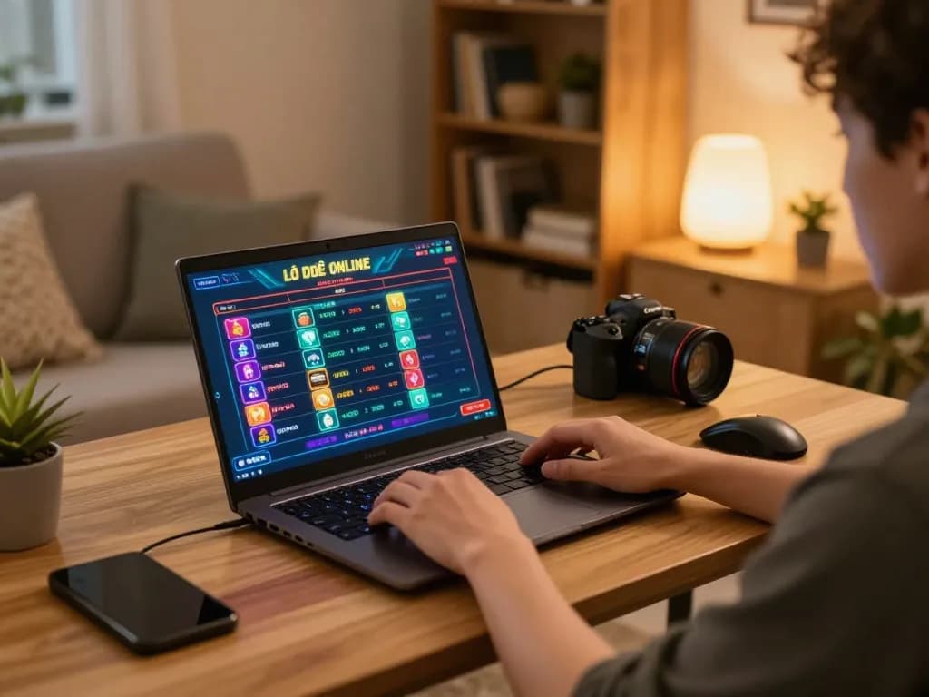 Lô đề online player engaging with betting options on laptop in a cozy home setting.
