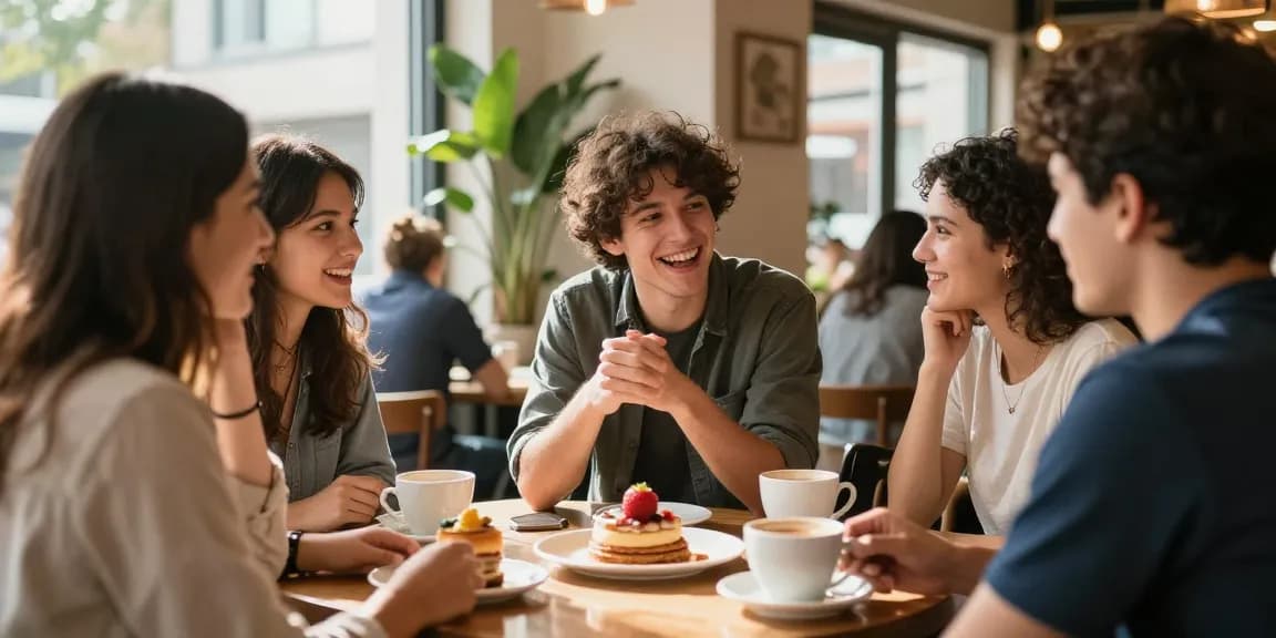 Friends sharing stories about a crush on someone in a cozy coffee shop.