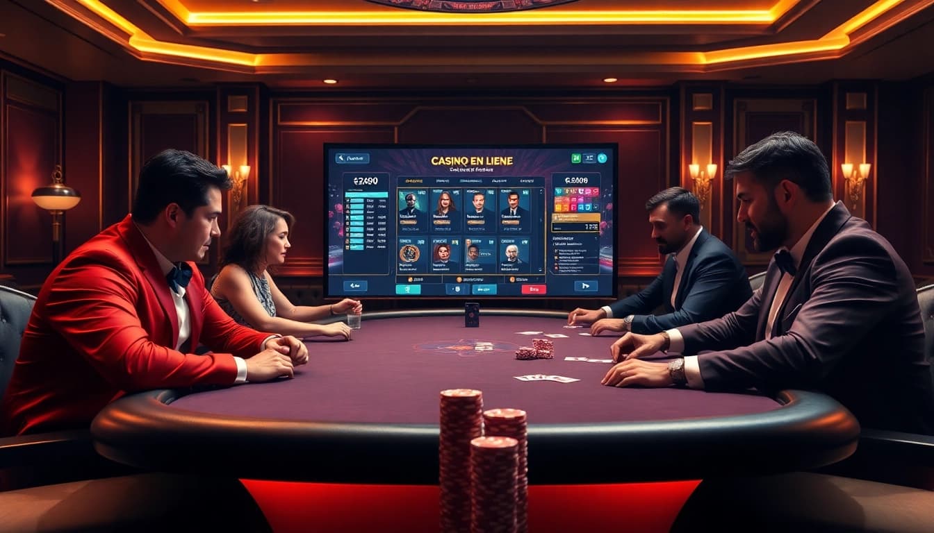 Joueurs captivants autour d'une table de poker à enjeux élevés dans une atmosphère de casino en ligne de luxe.