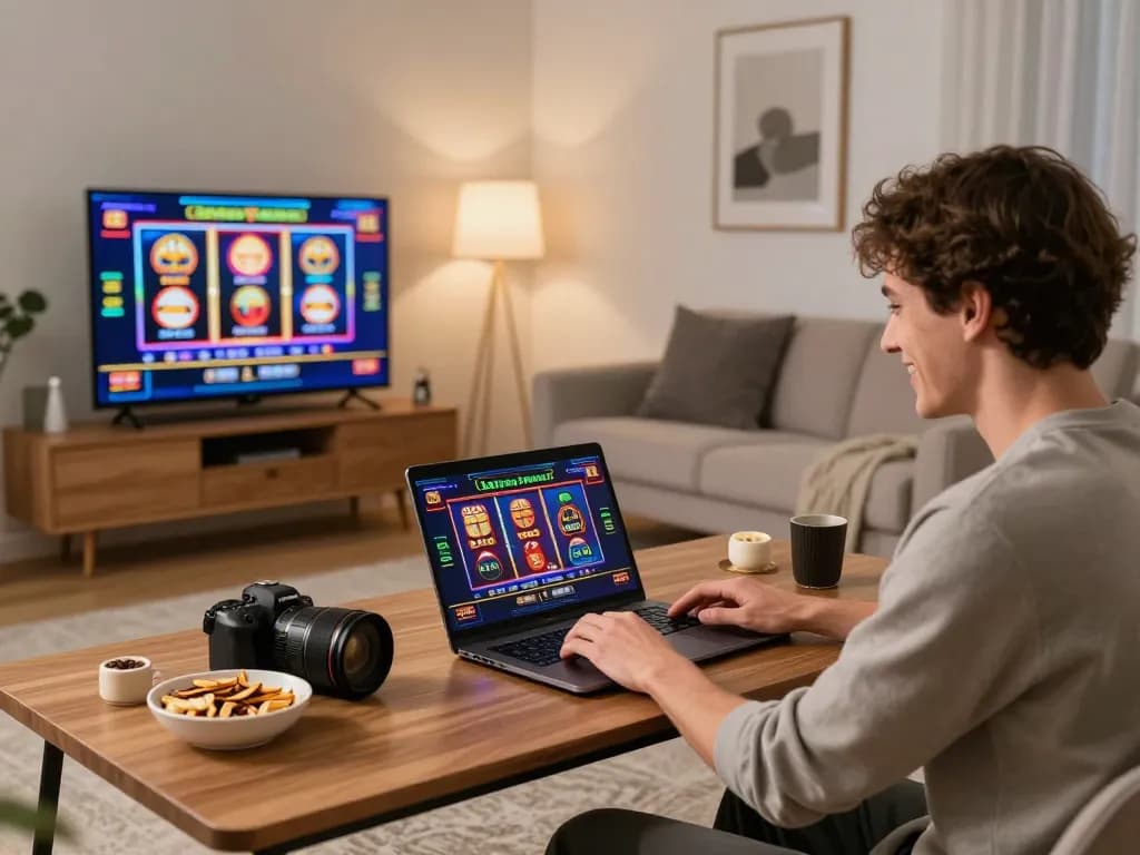 Playing king slot on a laptop in a cozy home setting with live dealer interaction.