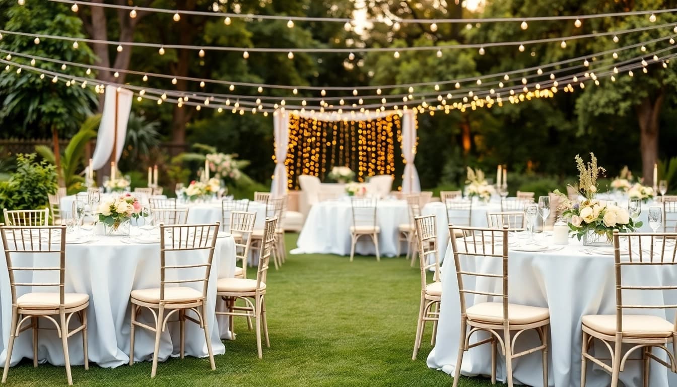 Arrange luxurious Wedding Rentals in a picturesque garden setting with elegant tables and decor.