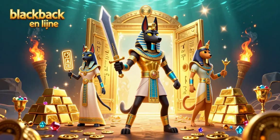 Jouez au blackjack en ligne avec des personnages égyptiens animés et des trésors scintillants.