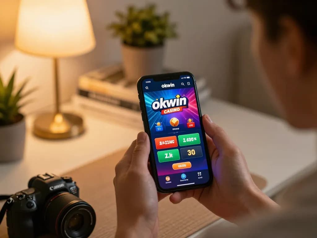 Engaging with okwin casino app on smartphone in a cozy home setting, blending relaxation and strategy in online gambling.