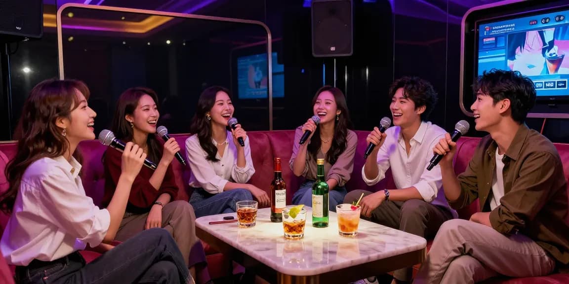 강남가라오케에서 친구들과 즐거운 시간을 보내는 고급스러운 카라오케 룸 모습
