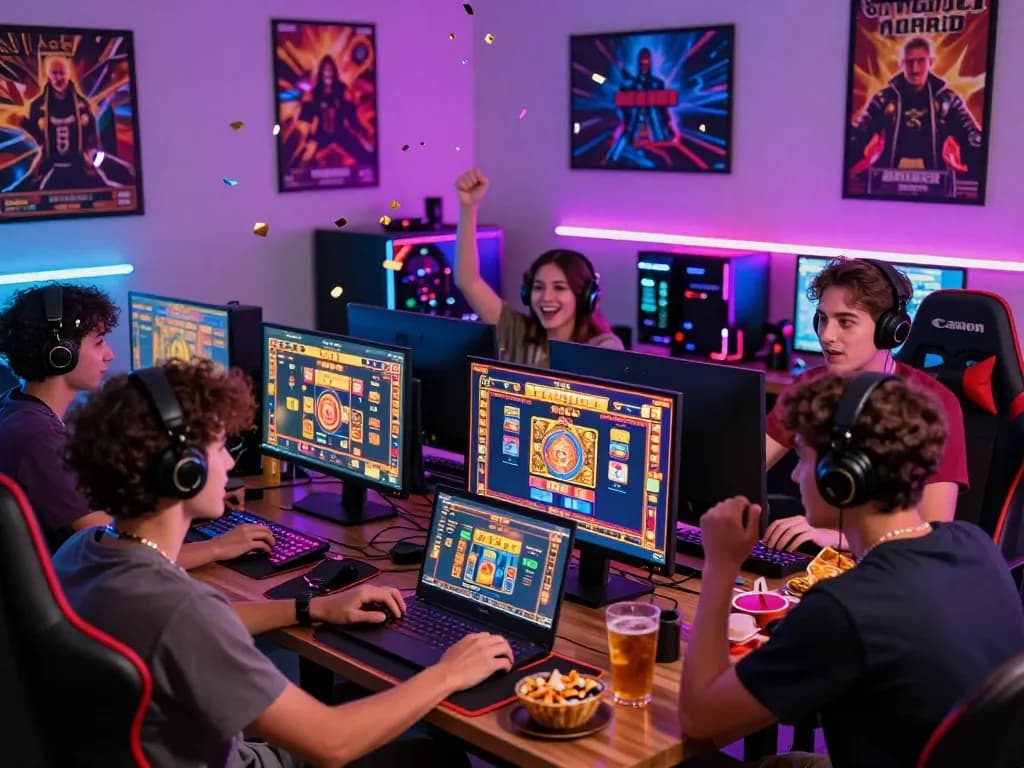 Friends enjoying a dynamic gaming session with slot gacor games showcased on multiple screens and snacks around.