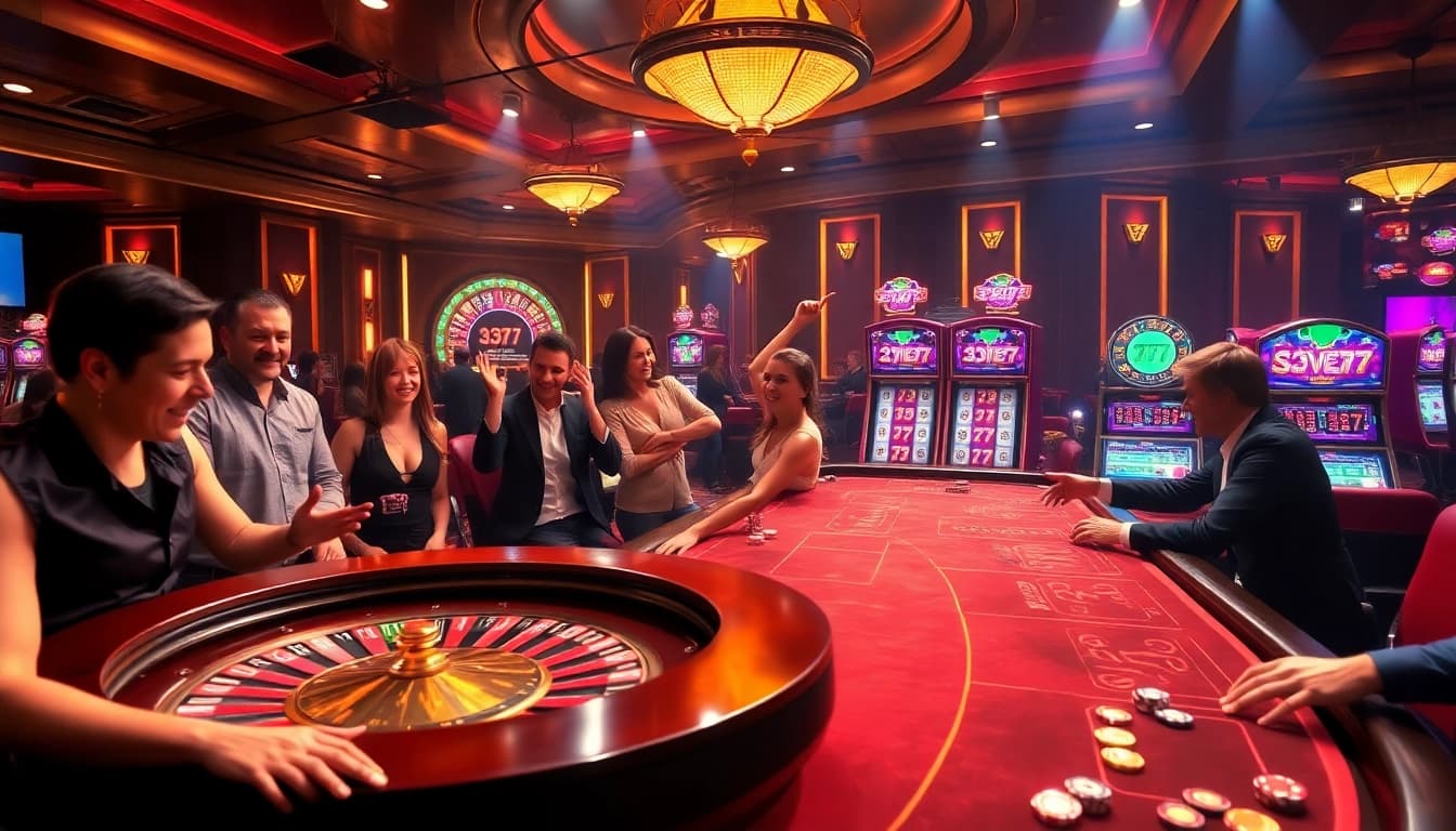 Experience the thrill of seven77 with players at a luxurious casino featuring roulette and poker tables.