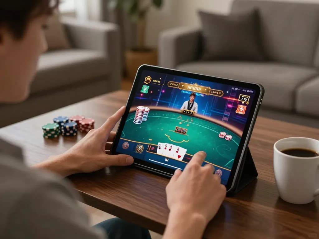 Engaged luck8 player using tablet for an exciting online poker session.
