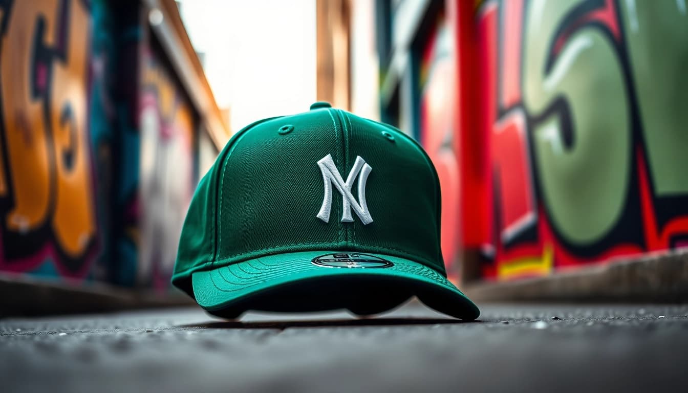 Gorra new era verde destacando su diseño moderno en un entorno urbano vibrante.