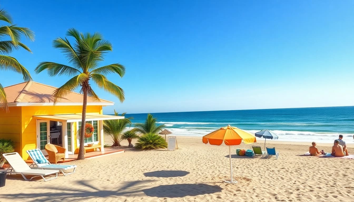 Experience the coastal cabana's inviting beach scene with sunny palm trees and a bright atmosphere.