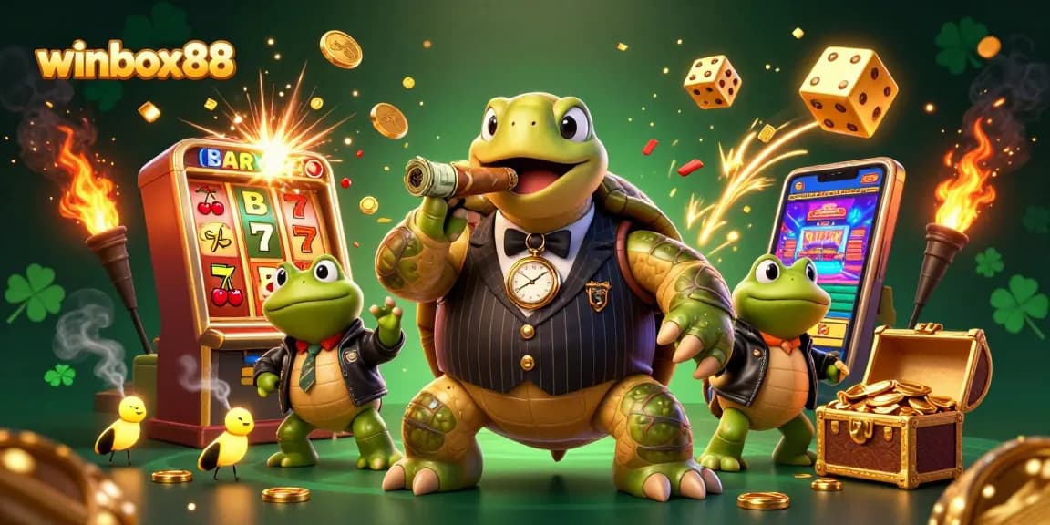 Winbox88 gaming scene with a turtle in a mobster suit, showcasing slots and casino excitement.