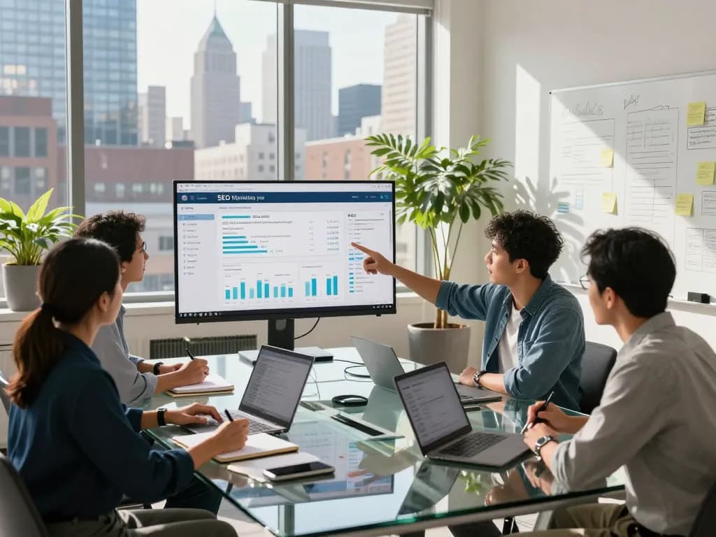 Collaborative New York SEO Services team analyzing digital marketing metrics in a modern office setting.